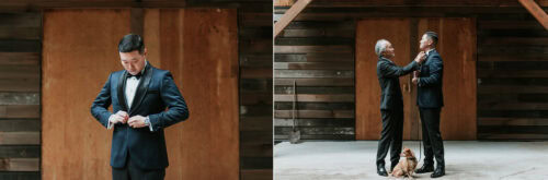 Bride and groom getting ready at Ancient Cedars Lodge in Pemberton BC