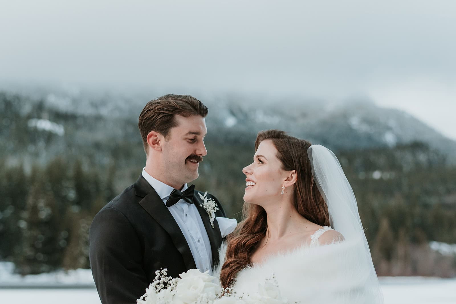 Wedding couple portraits in the winter in Whistler BC
