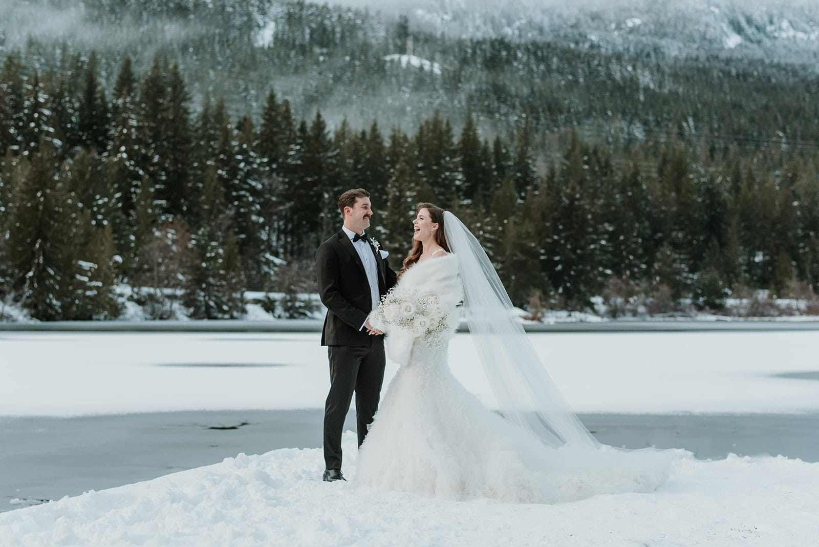 Wedding couple portraits in the winter in Whistler BC