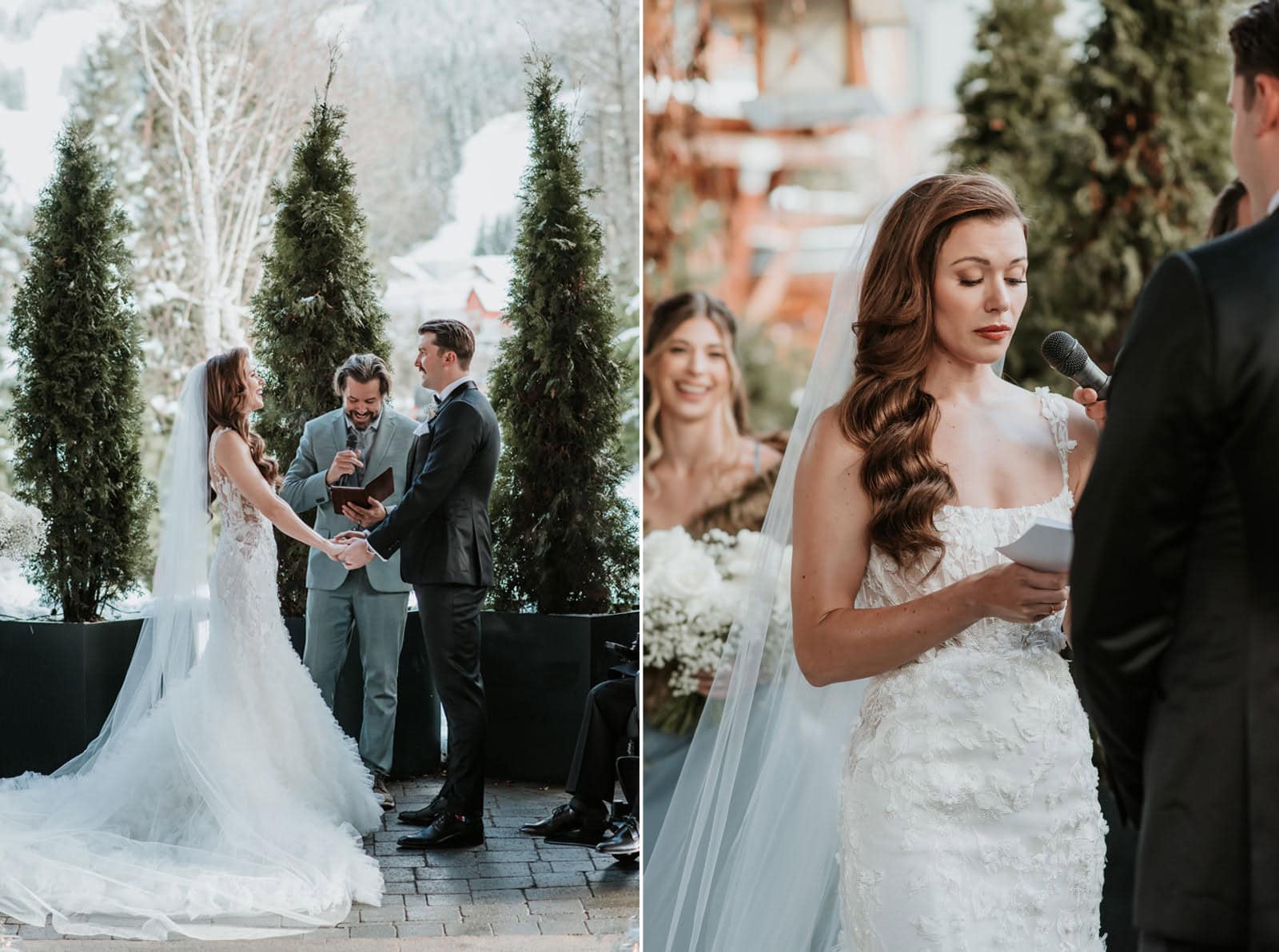 Whistler winter wedding photos during ceremony at Nita Lake Lodge