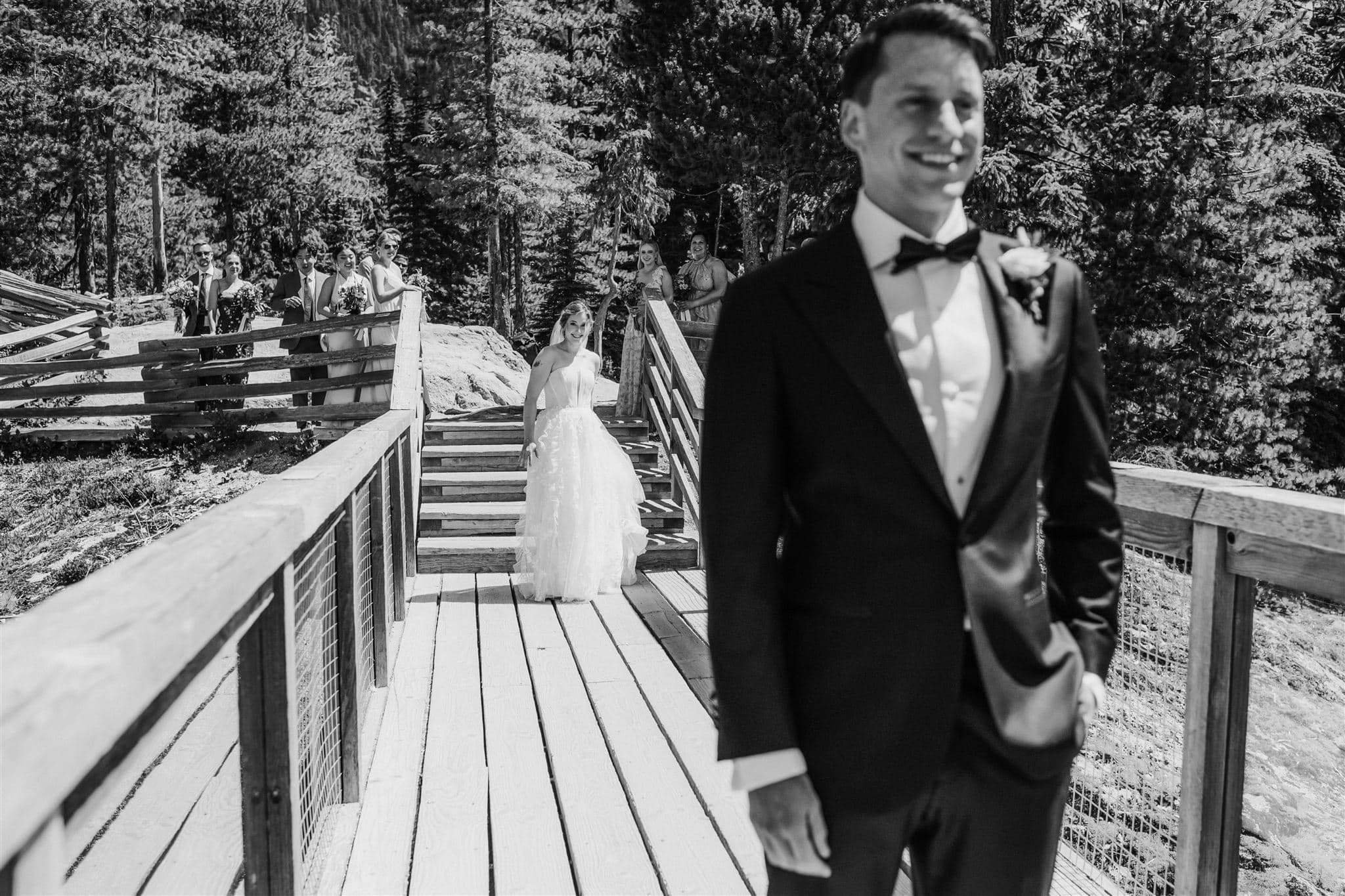 Bride and groom's first look at the Sea to Sky Gondola in Squamish BC